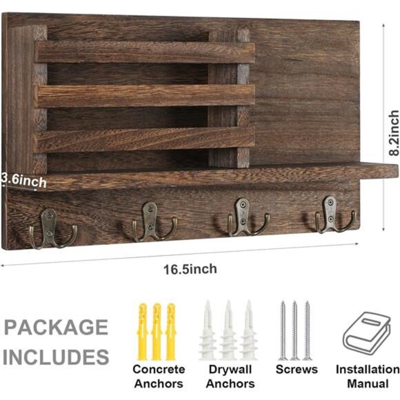 Key & Mail Holder for Wall - Rustic Natural Paulownia Wood - Picture 5 of 8